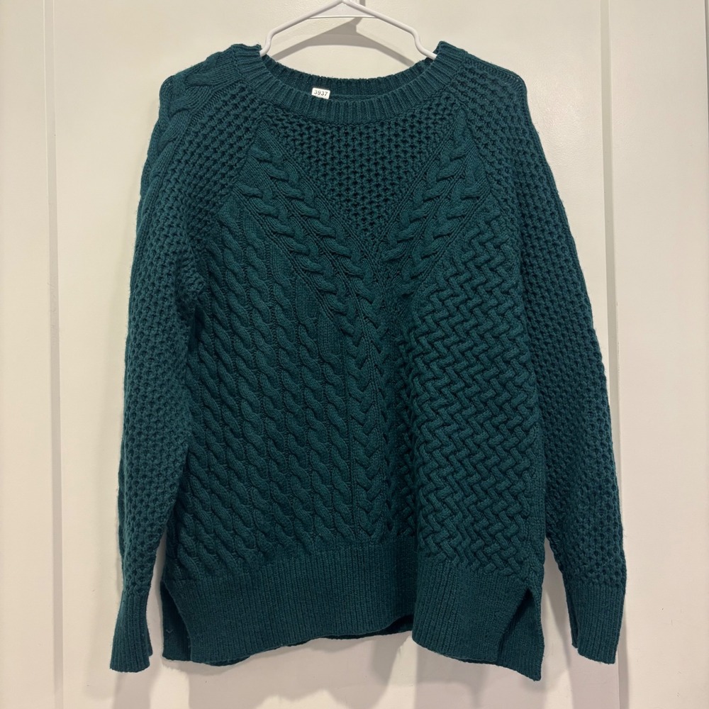 Banana Republic Womens Teal Green Cable Knit Cotton Merino Wool Sweater Medium